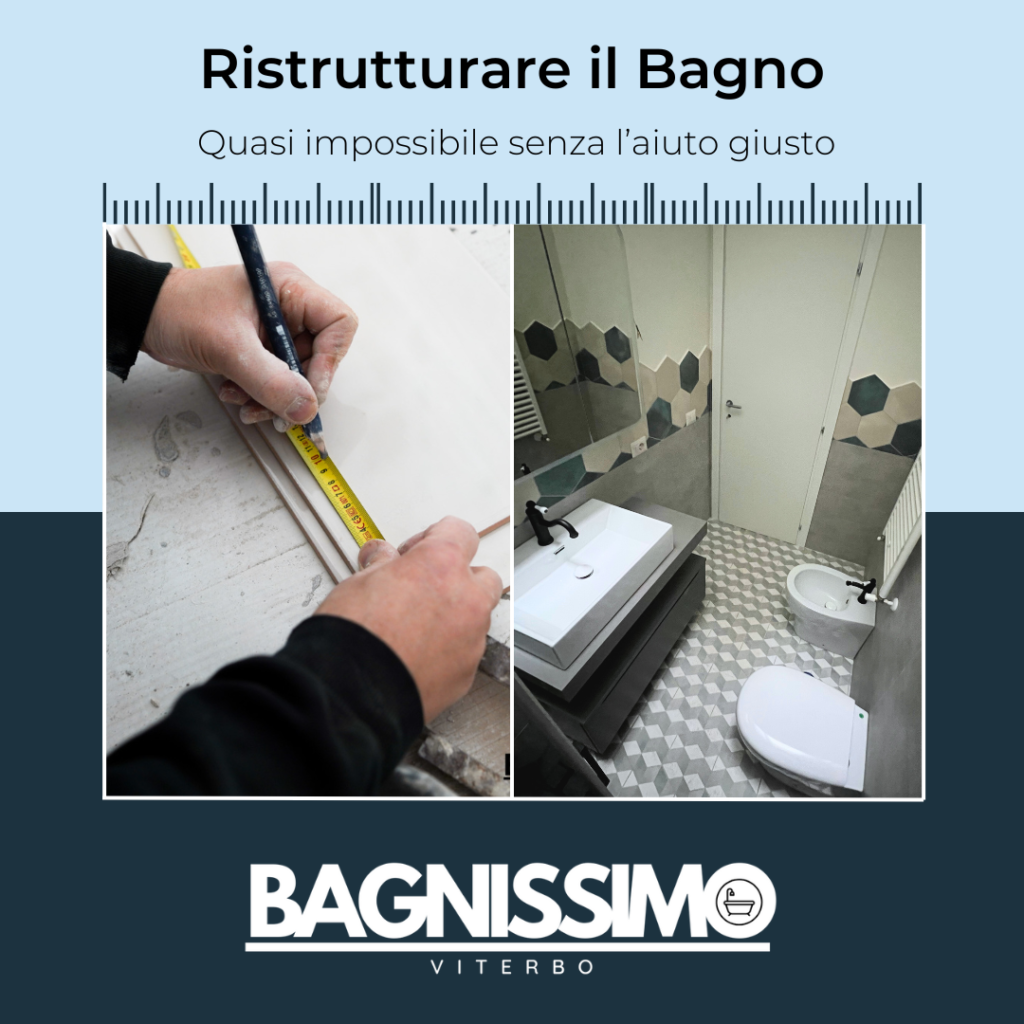 L'immagine contiene due foto su sfondo blu e blu scuro, con la rappresentazione dei lavori in corso e finti di un bagno da ristrutturare